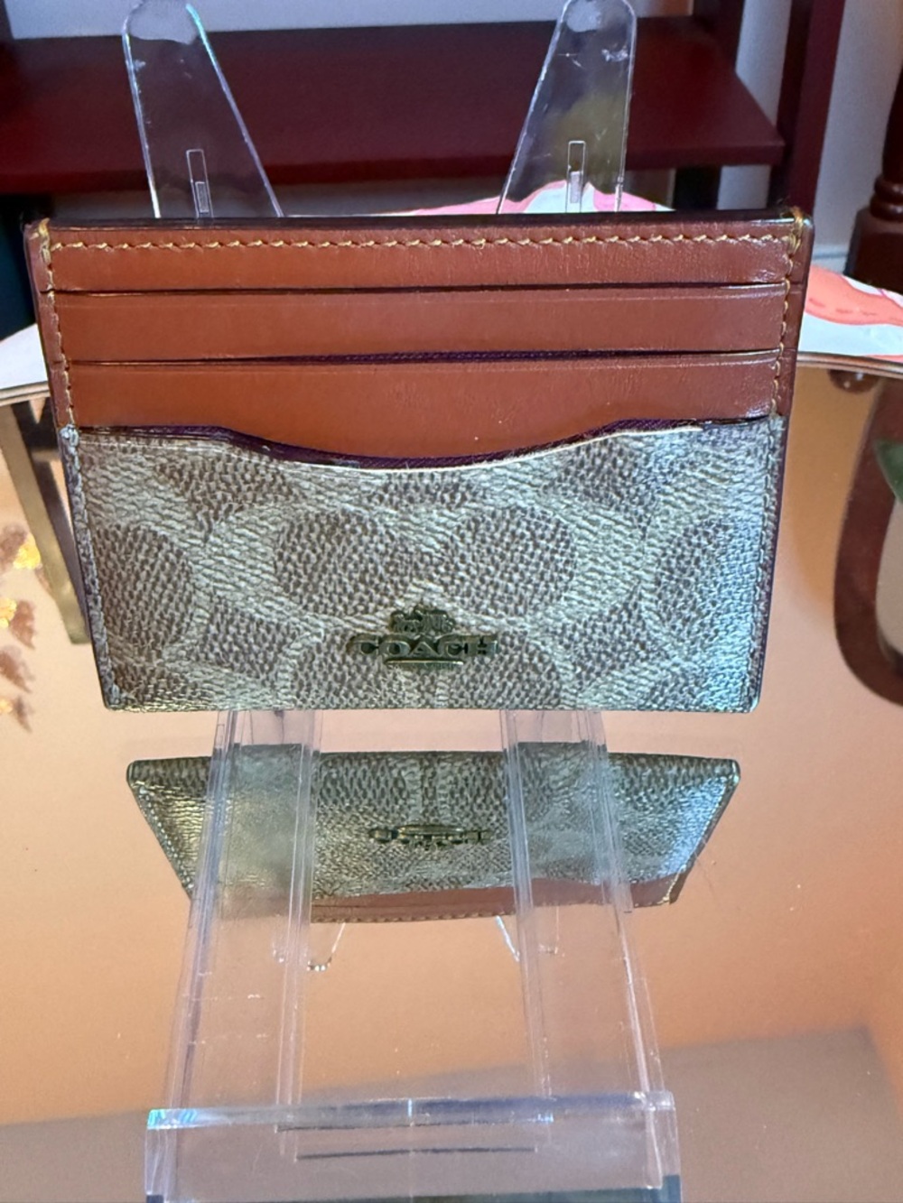 Coach Tan Leather & Signature Canvas Card Case unisex